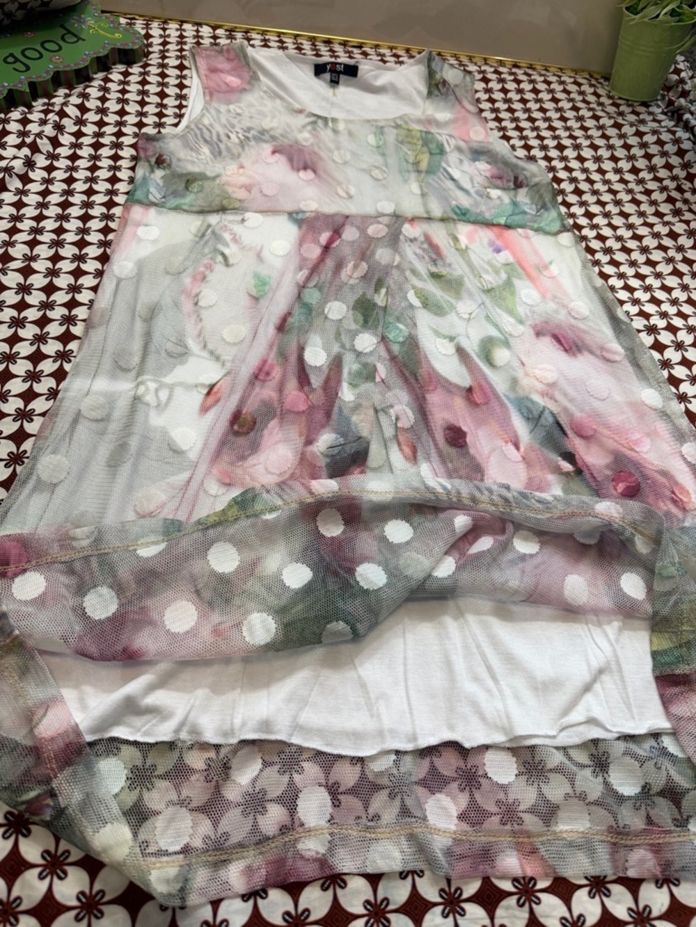 Sleeveless Floral netting over lining Polka Midi Dress - Picture 11 of 14